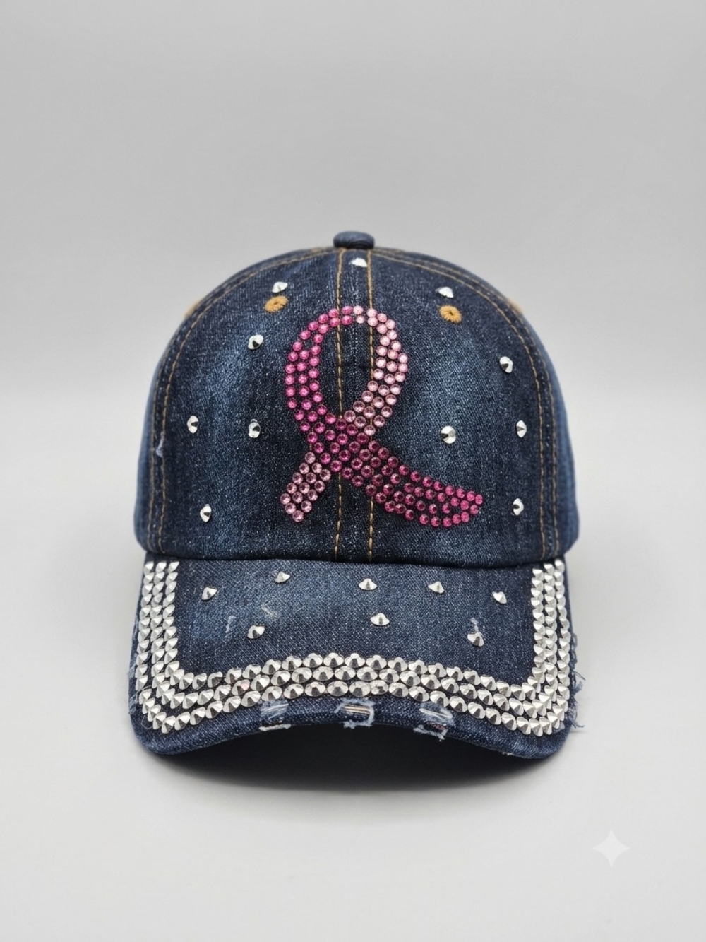 Denim Baseball Cap with Pink Ribbon Crystal Accent